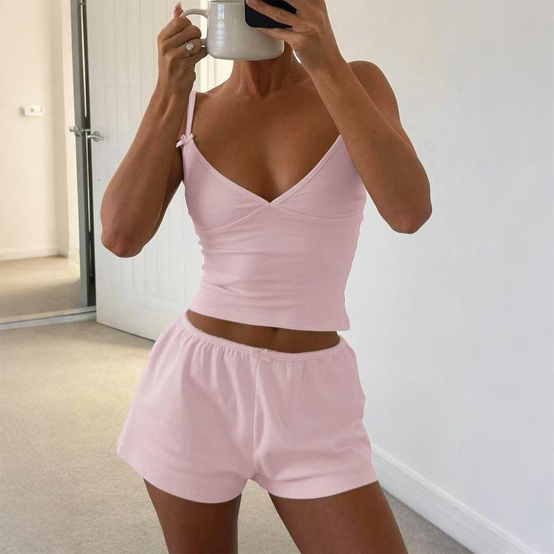 

Cross-Border European and American Foreign Trade Women clothes 2025 Summer Sports Yoga Style Cami Shorts Two-piece Suit Female Pink L