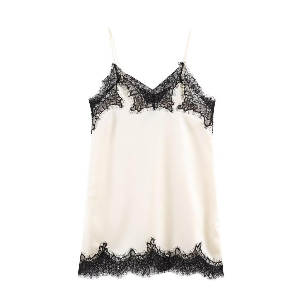 European-American Style Women's Satin Lace Camisole - Autumn 2025 Collection, Color Block Design