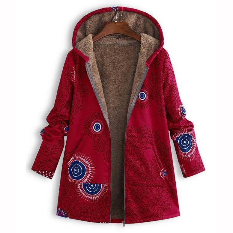 Printed Hooded Long Sleeve Coat Oversized Vintage Women Autumn Winter Warm Plush Jacket Casual
