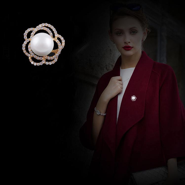 Elegant Rose Brooch with Zircon and Pearl for Women