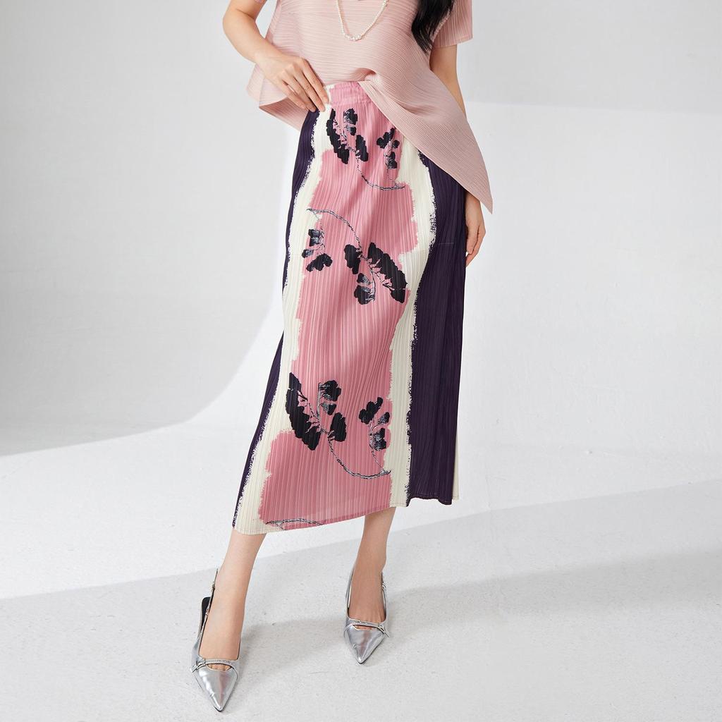 Pleated Print Midi Skirt 2024: High-End Temperament with Back Slit, Versatile Bodycon Design for Women