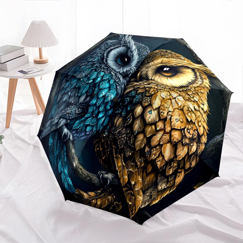 Two Owls pattern, automatic folding umbrella, portable and foldable design, 8 ribs, a Christmas or birthday gift.
