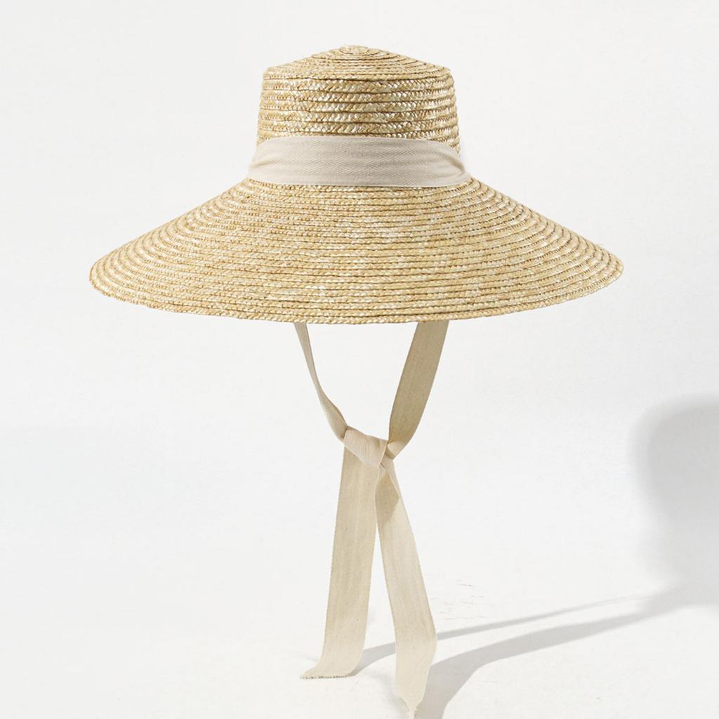 European American Long Streamer Wide Brim Straw Hat for Women, Large Beach Sun Cap with Wheat Straw, Vacation