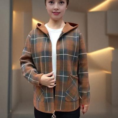 Damen Karoshirt Jacke Lässig Wollmischung Langarm Reißverschluss Kapuzenjacke Herbst Winter Warmer Mantel