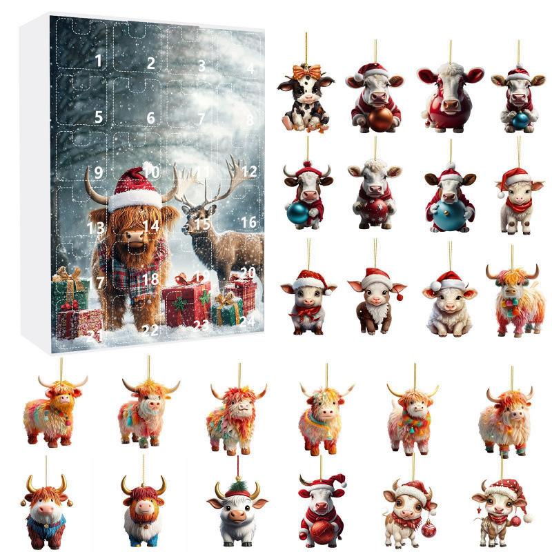 2D Acrylic Christmas 24 Day Countdown Blind Box Acrylic Cartoon Highland Cow Tree Ornament For Kids Home Decor Holiday Gift