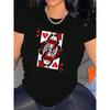Women's Q of Hearts Print T-Shirt Casual Short Sleeve Round Neck Poker-Themed Summer Top