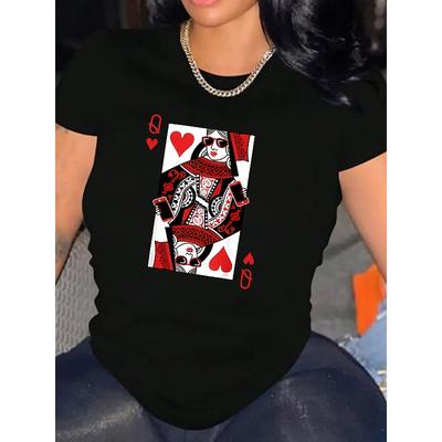 Dámské tričko s potiskem Q piků Ležérní krátký rukáv Kulatý výstřih Letní top s pokerovou tématikou
