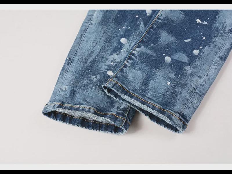 Men's Trendy Blue Distressed Ripped Skinny Jeans with Paint Print