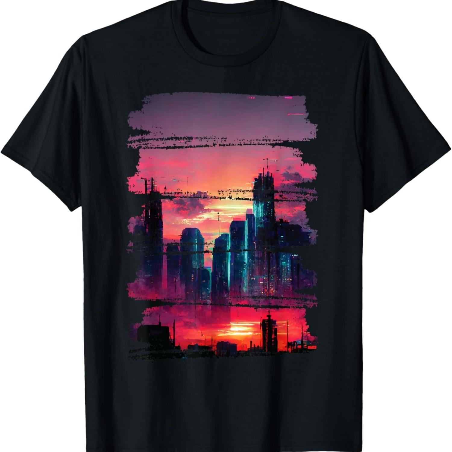 Minted Fresh Tees City Skyline Cyberpunk Aesthetic Japanese Streetwear Theme T-Shirt S