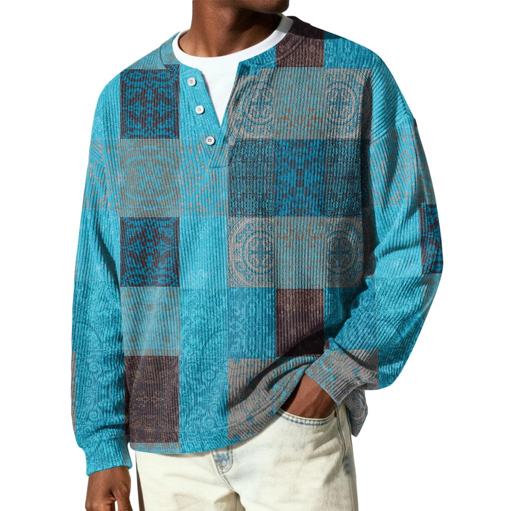 Męski sweter z dzianiny prążkowanej z długim rękawem, z kołnierzykiem zapinanym na guziki