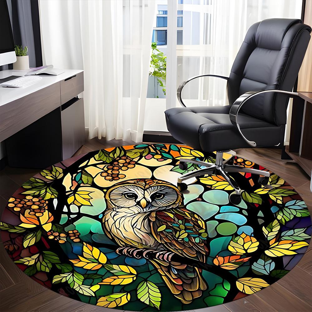 1pc Stained Glass Owl Office Round Area Rug, Under Office Chairs Bedroom Living Room Home Decor, Room Deco