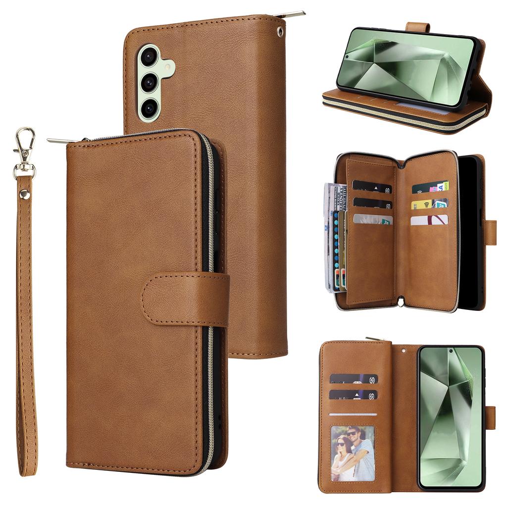 For Samsung Galaxy S24 FE Case Zipper Pocket PU Leather Phone Cover with Hand Strap