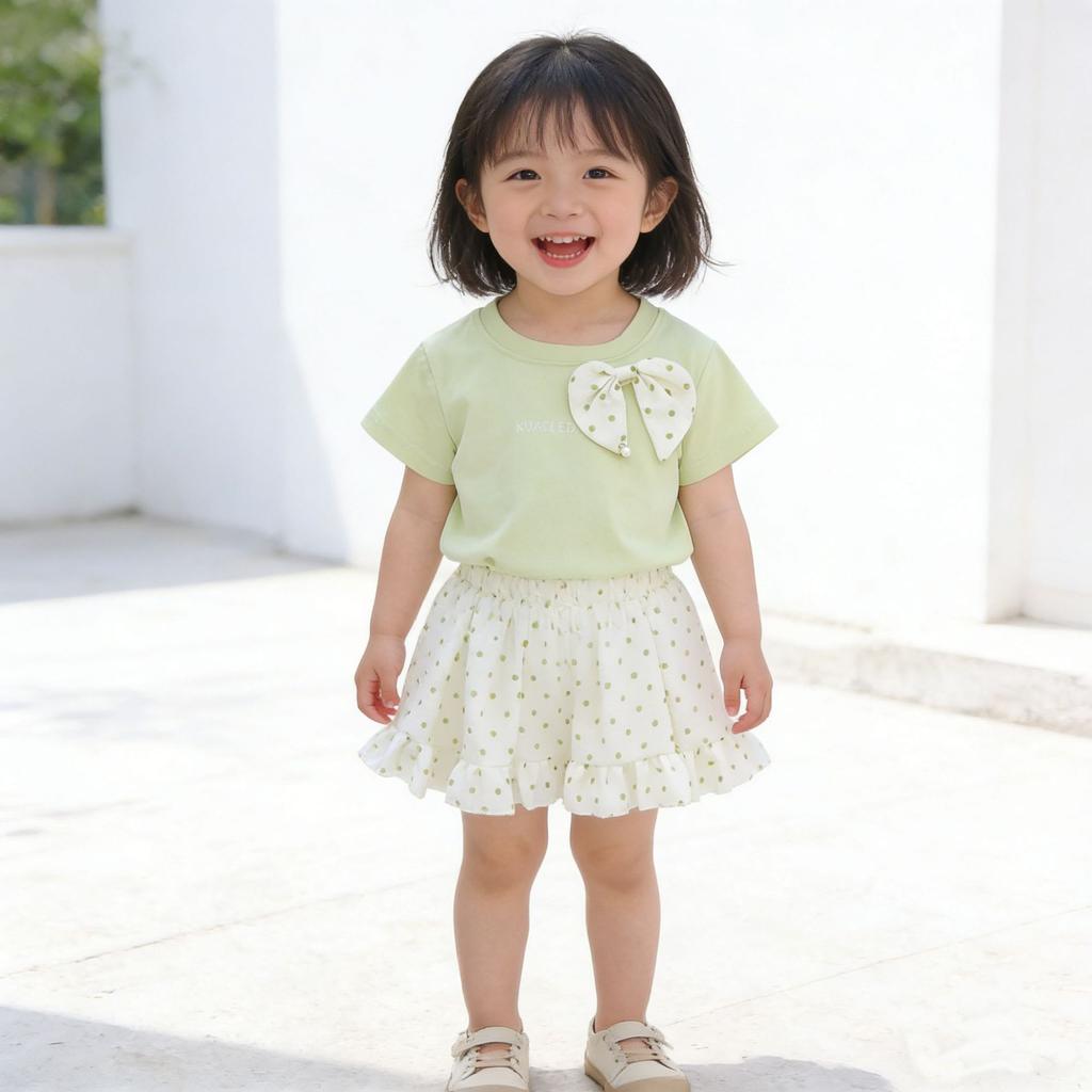 Girls Cotton Summer Short Sleeve T Shirt with Polka Dot Skirt Set
