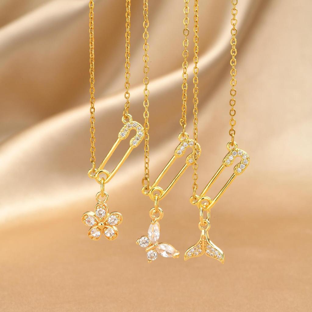 Dainty Flower Necklace Gold Plated Copper Pave Zirconia Safety Pin Cute Blossom Hypoallergenic Jewelry