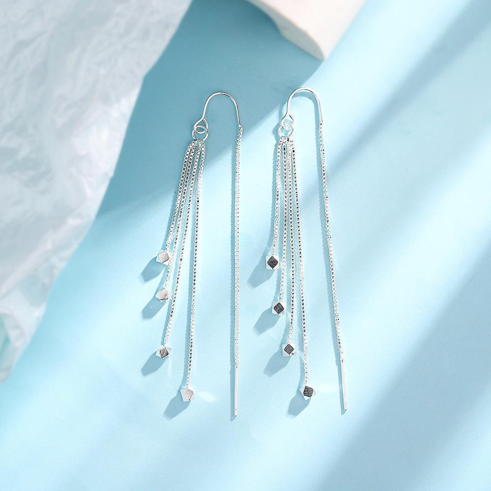 Long Tassel Broken Silver Earrings Temperament Muse Fan Chain Ear Hook Live Stream Small Square Earphone