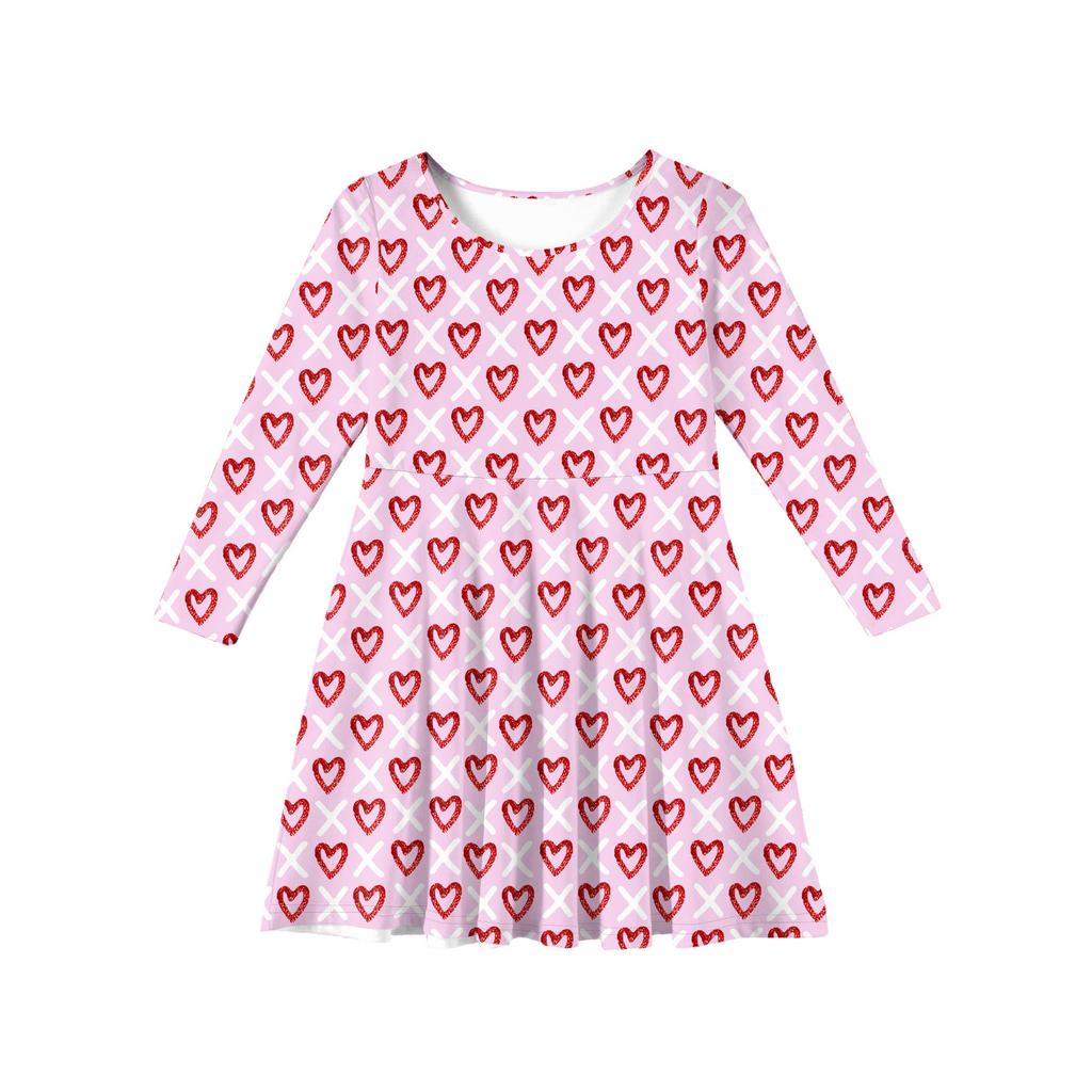Sommer-Prinzessinnenkleid für Mädchen, Langarm A-Linien T-Shirt-Kleid Valentinstag