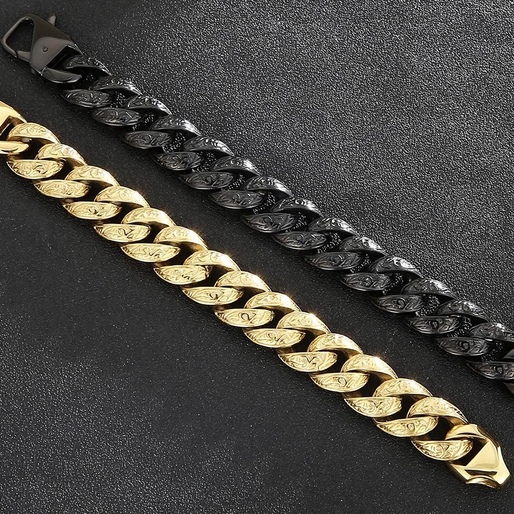 Vintage Black Gold Color Cuban Link Chain Bracelet for Men Solid Stainless Steel Men's Bracelets Birthday Gifts for Dad Husband Him