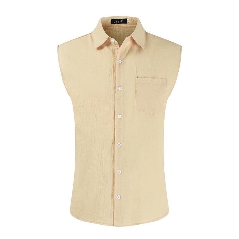 Nuova Camicia da Uomo in Lino Senza Maniche per Primavera e Autunno Gilet Semplice Casual Gilet in Lino con Tasca Decorativa Top