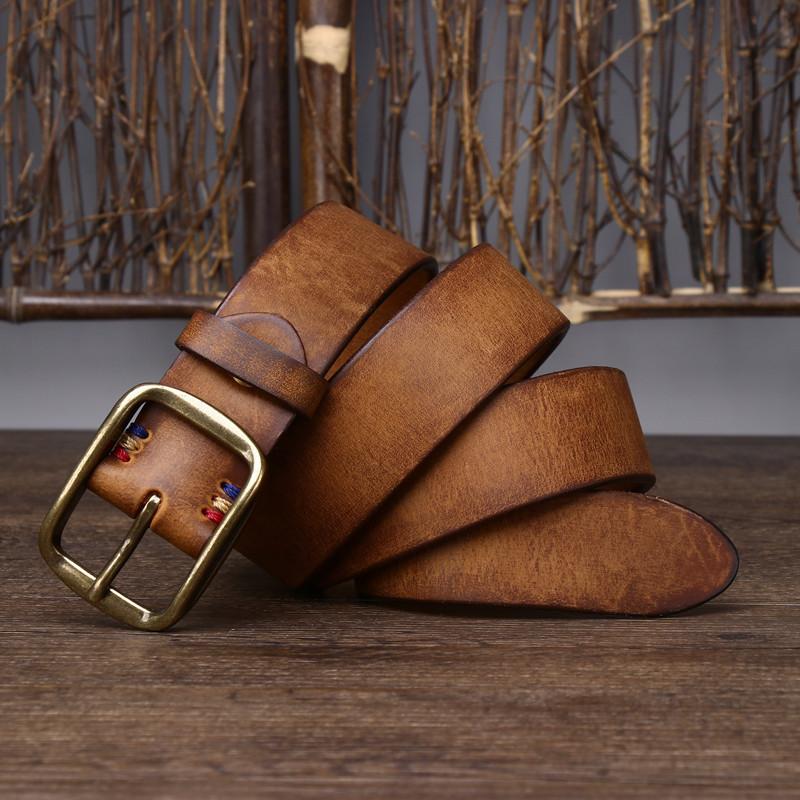 

Мужской кожаный комбинезон с ремнем ручной работы, первый слой из натуральной кожи крупного рогатого скота, латунная пряжка, джинсы, ремень из натуральной кожи 130cm