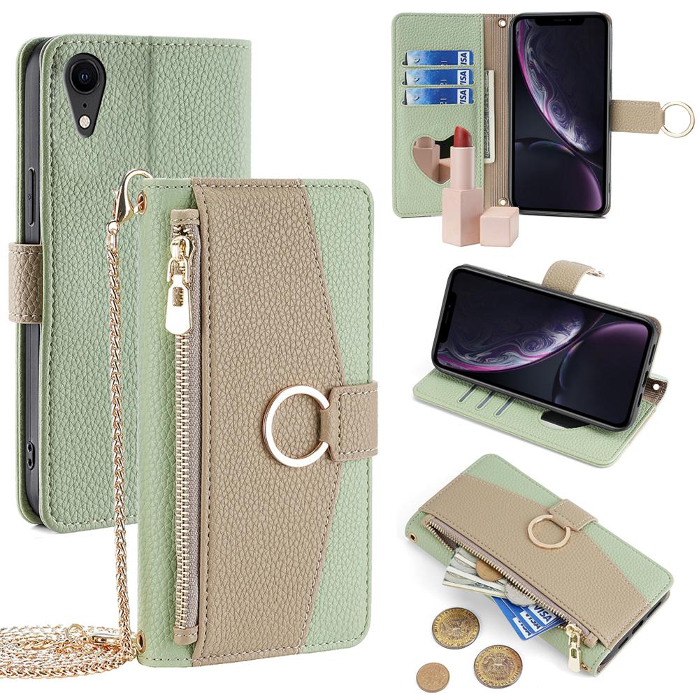 

For iPhone XR Case PU Leather Phone Cover Wallet Makeup Mirror with Shoulder Strap D
