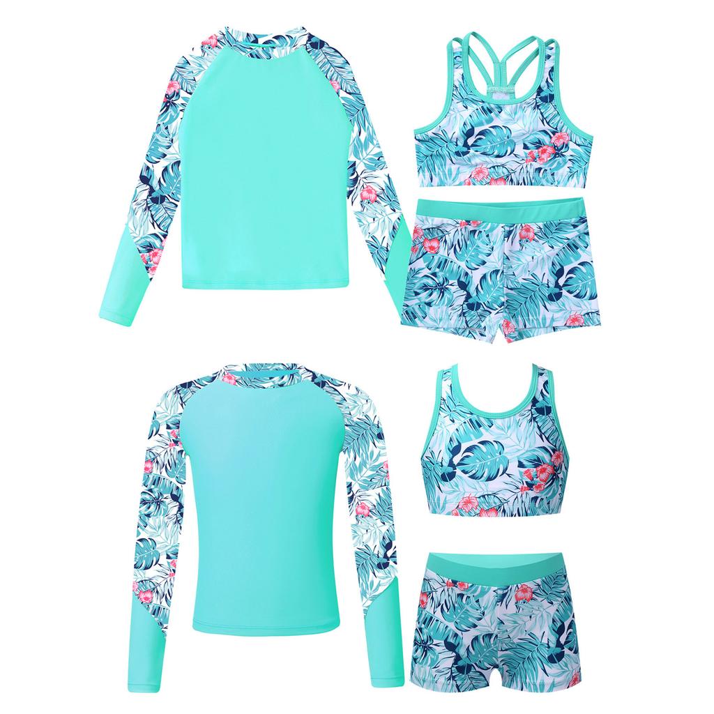 Girls 3 Piece Swimsuit Set Long Sleeve Rash Guard Mock Neck Top Strappy Back Crop Top Swim Shorts UPF Sun Protection
