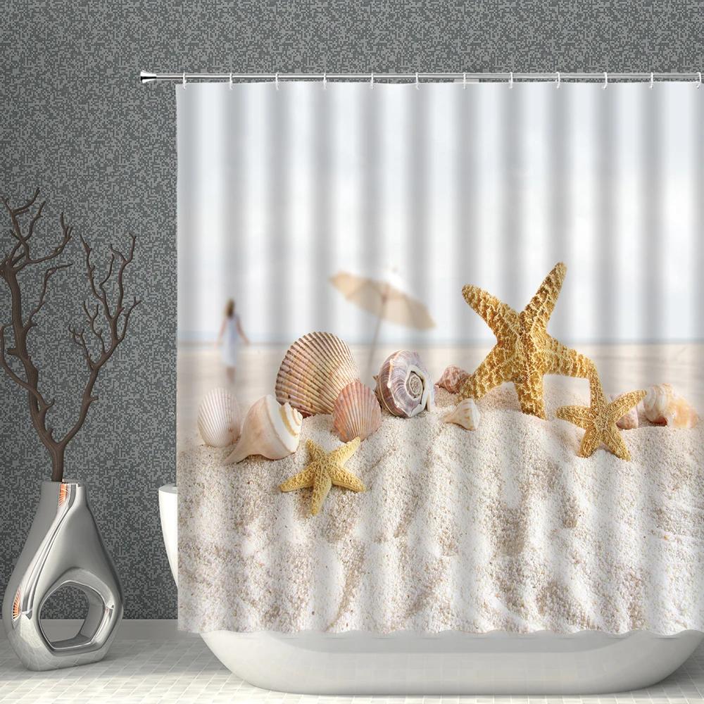 Starfish Shower Curtain Set Starfishs Shells Seascape Ocean Bath Curtains Waterproof Fabric White Blue Bathroom Screen Decor