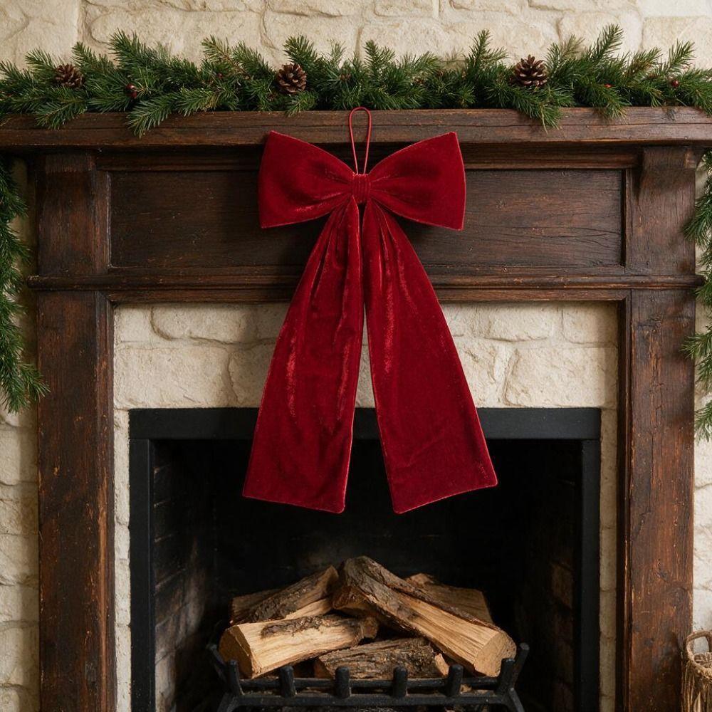Classic Vintage Red Velvet Christmas Bow Drapey Silky Smooth Christmas Tree Bowknot with Lanyard Xmas Flannelette Bow Wedding