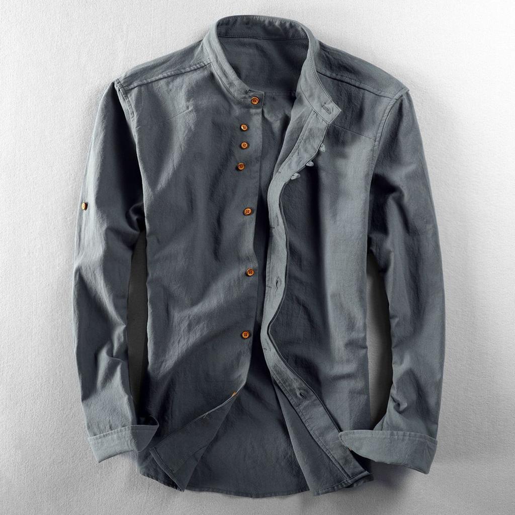 Men's Casual Cotton Linen Shirts Long Sleeve Men Slim Mandarin Collar Shirts
