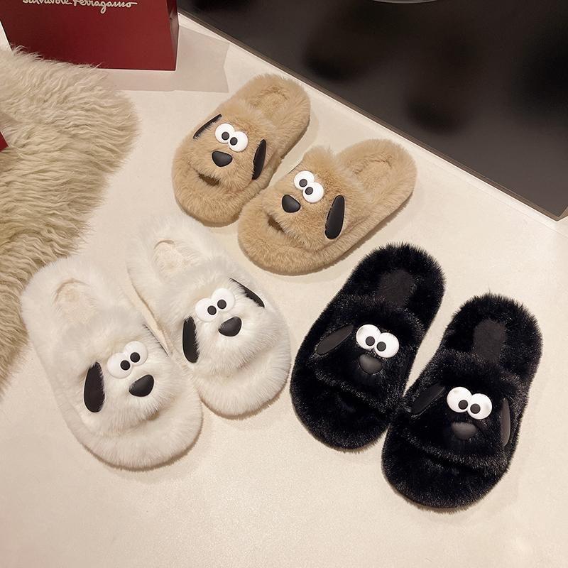 Aphixta 2024 Chaussons Mignons Chien Chaud Hiver Fourrure Femmes Chaussons d'Intérieur Chaussures Oreilles Poilues Chaussures Chambre Talon Plat Poils