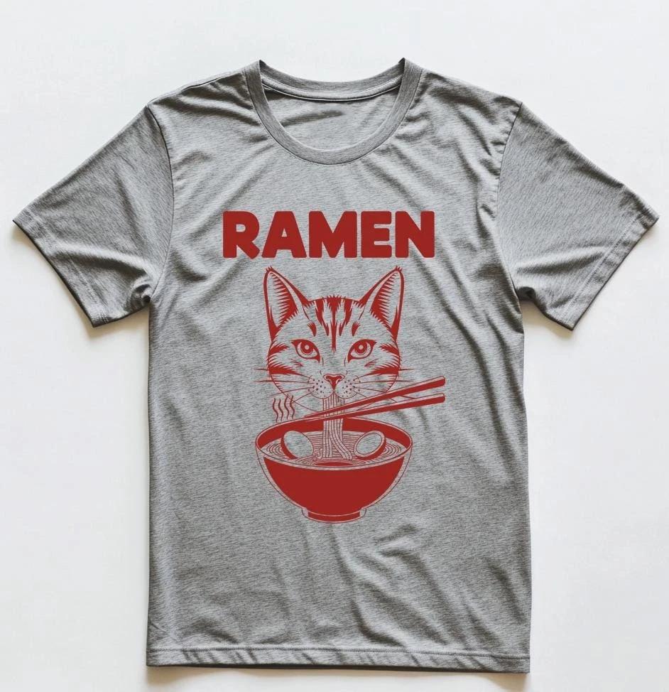 Ramen Cat T-T-shirt – Cute Noodle Slurping Black Cat Tee, Retro Japanese Foodie XL