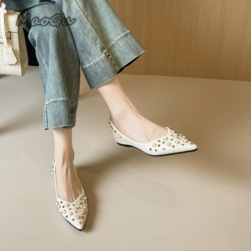 French Style Flat Pointed Toe Shoes for Women Soft Sole Comfortable Non-Slip Daily Walking Shoes Office Ladies Loafers Beaded