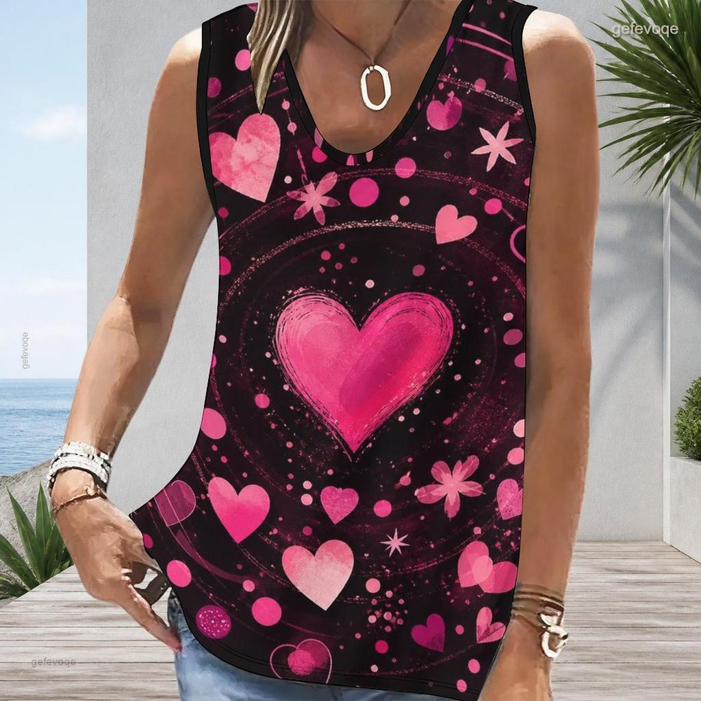 Women Plus Size Sleeveless V Neck Tank Top Vibrant Rainbow Heart Balloon Star Colorful Print Casual Top
