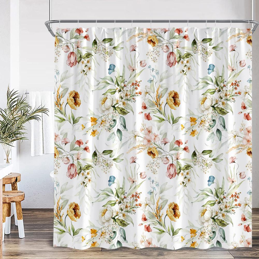 

Flowers Watercolor Shower Curtains Colorful Flower Plants Bamboo Greenery Bathroom Decorations Modern Bath Curtain With Hooks W60H190(CM)-1 Pcs