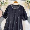 Summer Women Luxury Beading Pearl Black Half Sleeve Mini Short Straight Casual Dresses