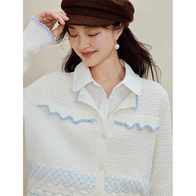 INMAN Women's Contrast Stripe Openwork Knit Cardigan