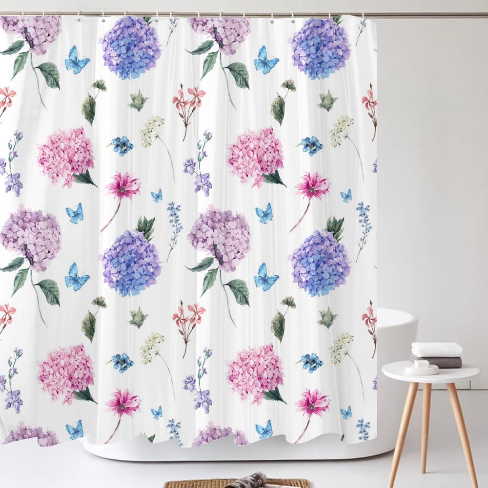 Watercolour Flower White Shower Curtain Simple Style 3D Plant Flowers Waterproof Polyester Bathroom Curtains Bath Screen Decor