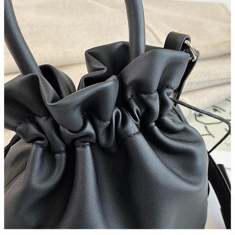 Mini Drawstring Bucket Bag PU Leather Simple Portable Shoulder Trendy Messenger Bag Female Ins Solid Color Small Bag