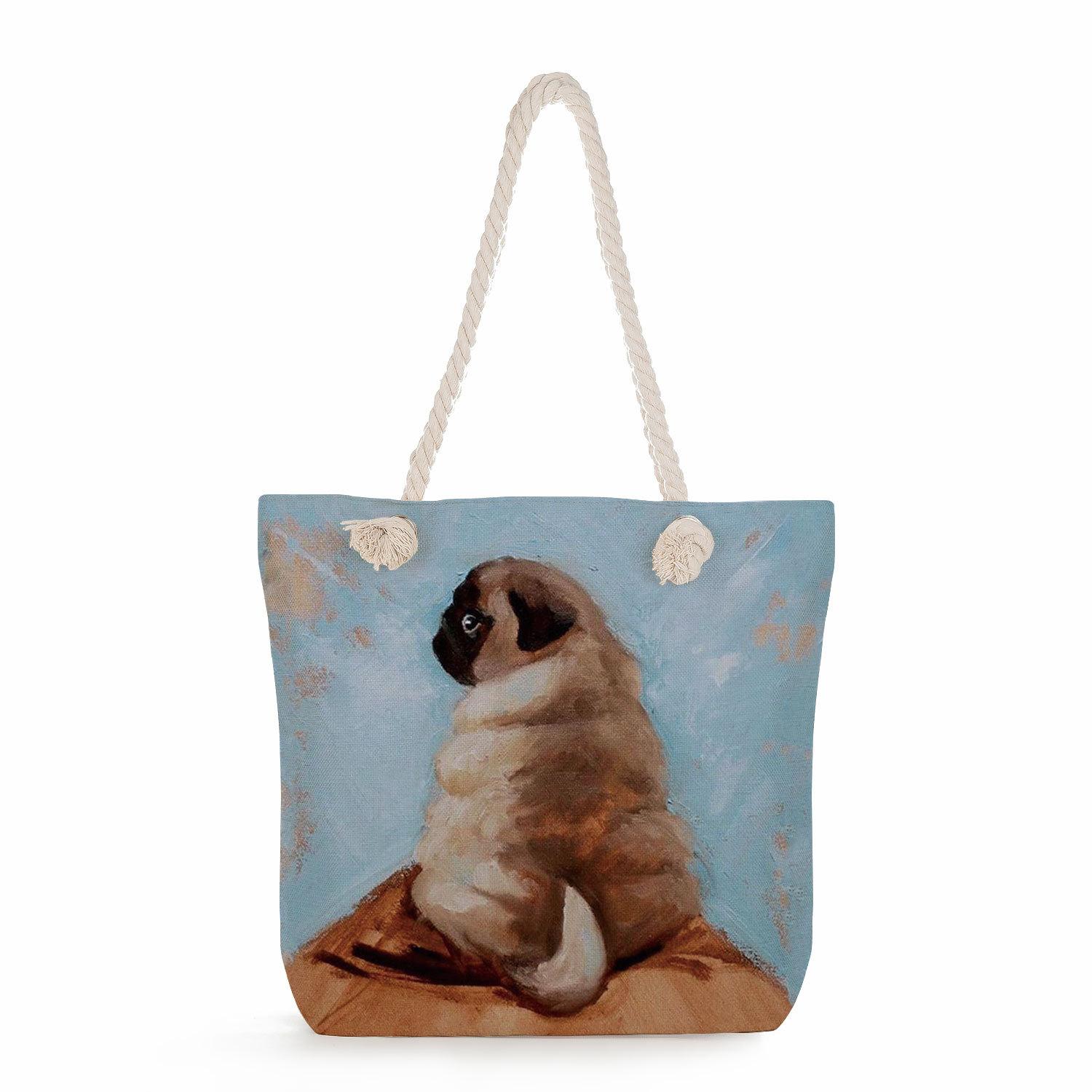 Pug print thick rope single-shoulder beach bag 7241 KTB