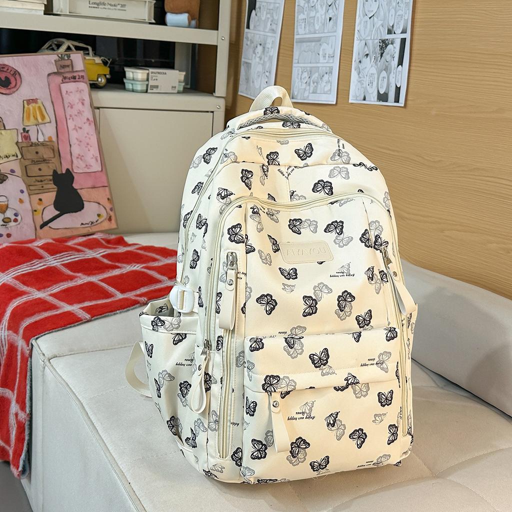 Schoolbag New Schoolbag College Style Light and Cute Backpack Junior High School Students Girls National Style Butterfly Printing Light Backpack