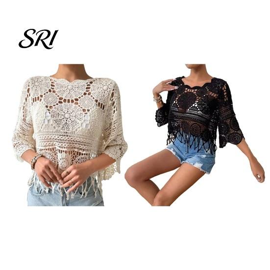 Top de ganchillo boho Cubre tops Ajuste holgado Cuello redondo Manga de tres cuartos Relajado Camisa de verano Tejido calado Playa Bohemio Dobladillo con borlas Ligero