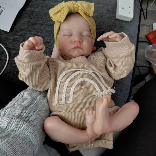 19inch Levi Newborn Baby Doll Reborn Sleeping Soft Silicone Flexible 3D Skin Tone with Visible Veins Hand Paint Hair Doll