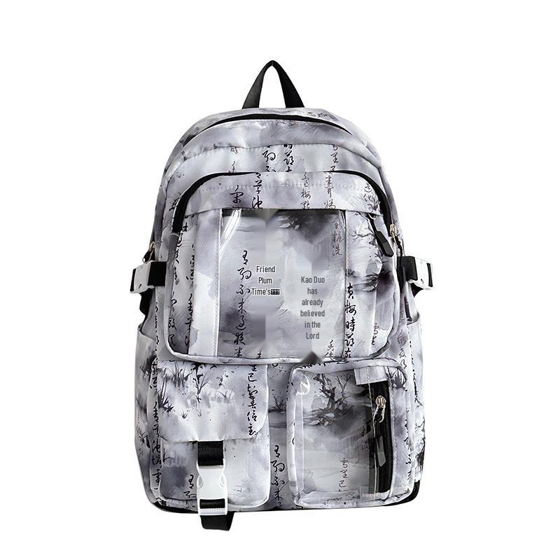 Middle School Chinese-Style Transparent Backpack with Multiple Pockets - Large Capacity, Waterproof, Wear-Resistant, Unisex, Light Luxury Design.