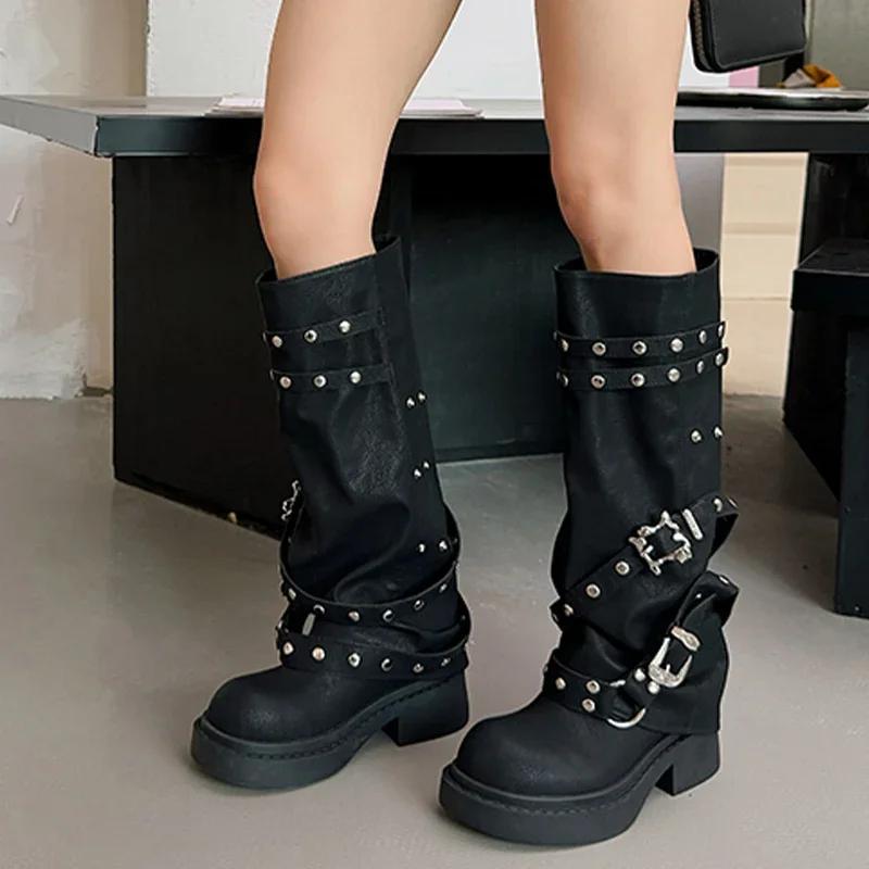 Frauen Mid Heels Hohe Stiefel Leder Mode Neue Knie Hohe Schuhe Frau Desigenr Chelsea Stiefel Walking Punk Mujer Motorrad Stiefel