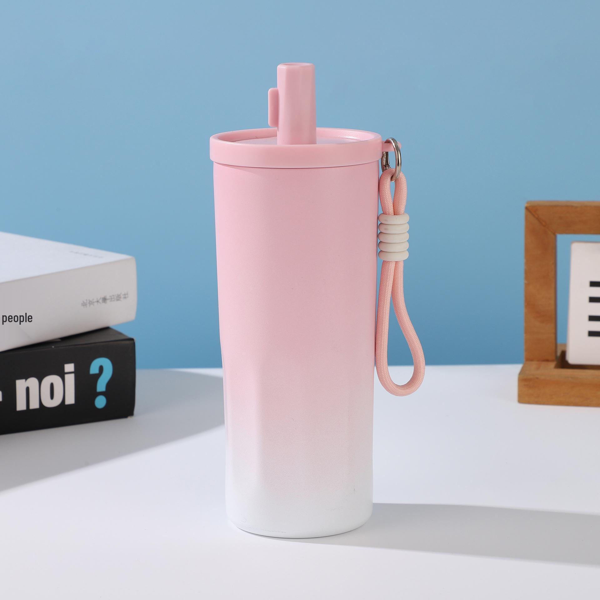 Gradient Stainless Steel Vacuum Insulated Coffee Cup with Straw and Rope Handle 600ml