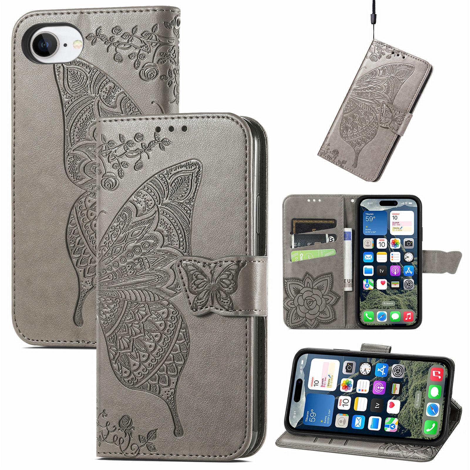 

For iPhone 16e Case with Strap Butterfly Pattern PU Leather Wallet Phone Cover B