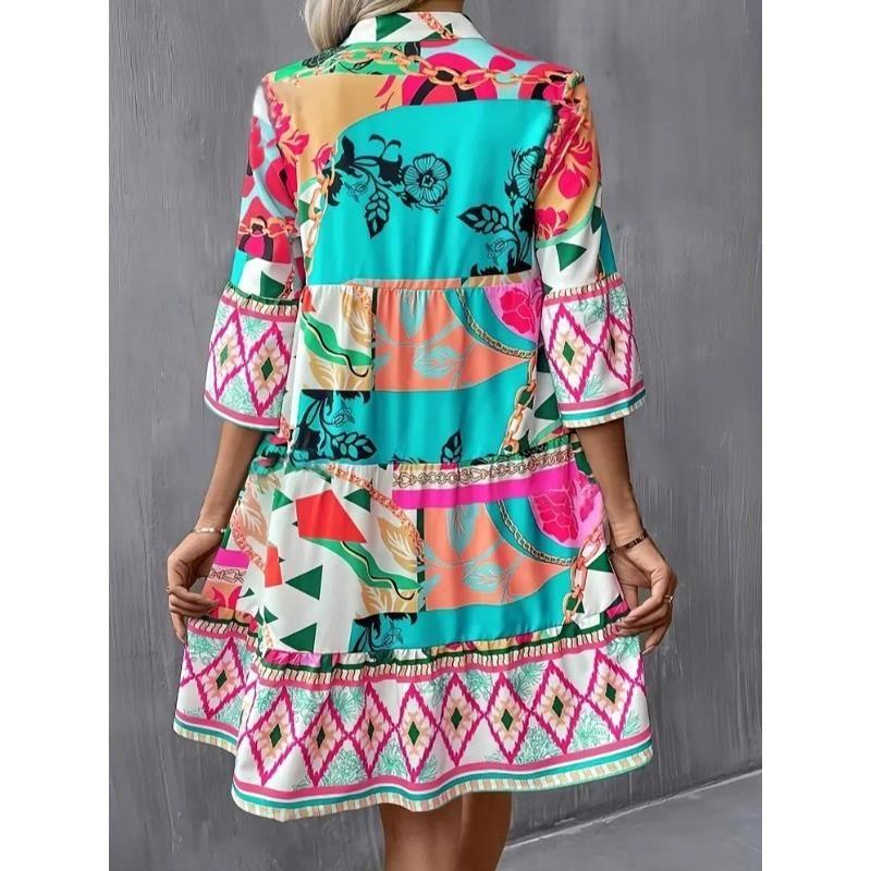 Fall Fashion New Arrival Fashion V Neck Chain Irregular Pattern Print Ruffles Hem Bell Sleeve Dress Dress