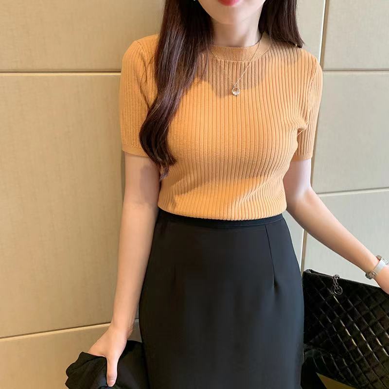 Pull tricoté à manches courtes pour femme, col rond, slim, noir et blanc, tendance, été, JJ31