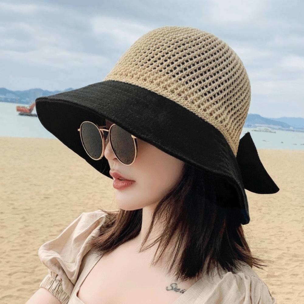Hollow Bow Sun Hat Japanese Knitted Bucket Hat Fashion Bowtie Fisherman Hat Summer