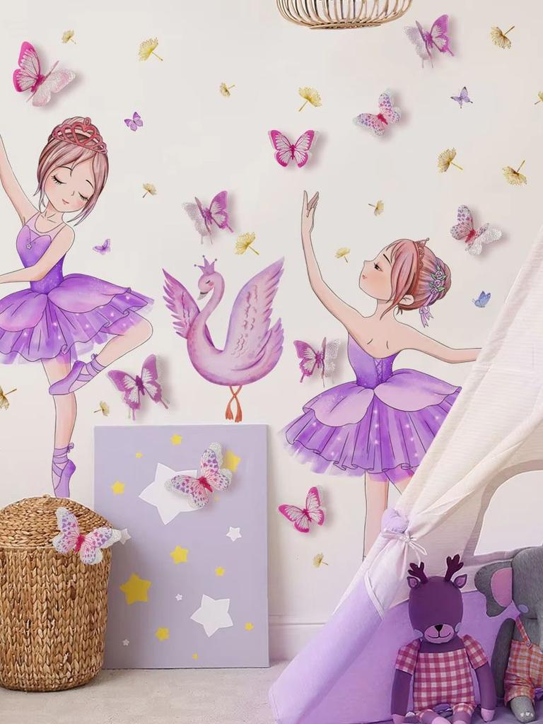 Samolepky na zeď princezna a labuť do dětského pokoje Dívky Roztomilý baletní tanečník Květina Motýl Tapeta Dekorace do dětského pokoje