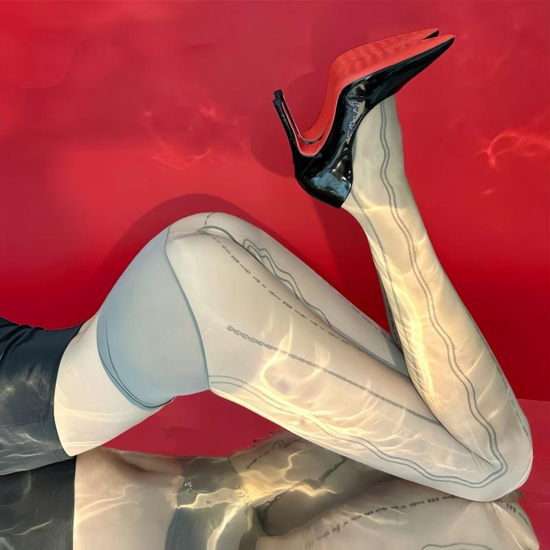 Open Vertical Stripes Seamless Crotch Black Stockings Lace Jacquard Aurora Pantyhose Thin Sexy Silky Shiny